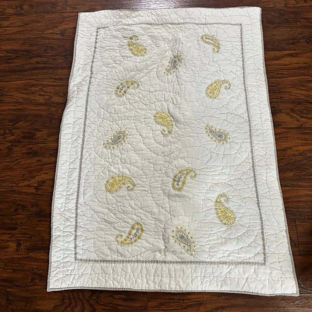 Pottery Barn Kids Quilt Crib Blanket Yellow Gray‎ Paisley Infant Toddler Nursery